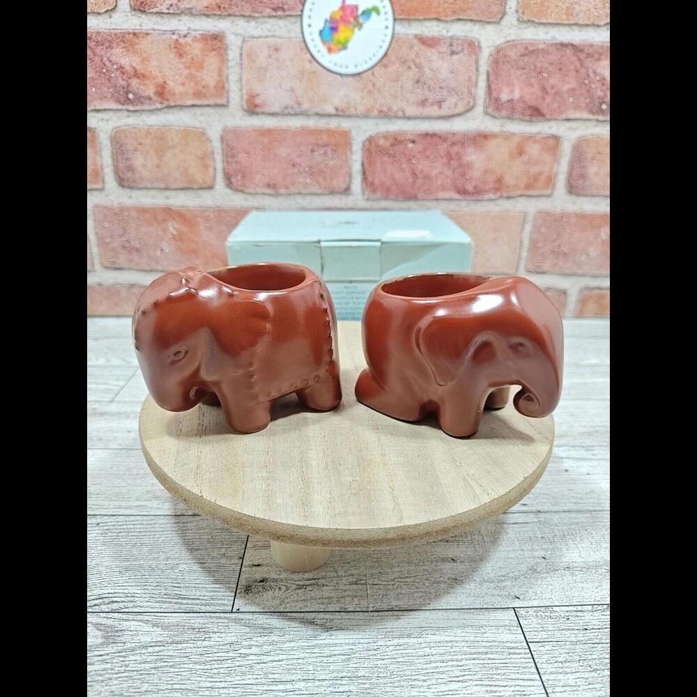 2000 Partylite Elephant Ceramic Set 2 Votive Candle Holders Brown Thai Inspired